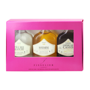 Tasting Box 3 mignonnettes liqueur mandarine, pche blanche et crme de cassis Fisselier