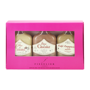 Tasting Box 3 mignonnettes liqueur caf cappucino, fleur de chocolat et caramel Fisselier